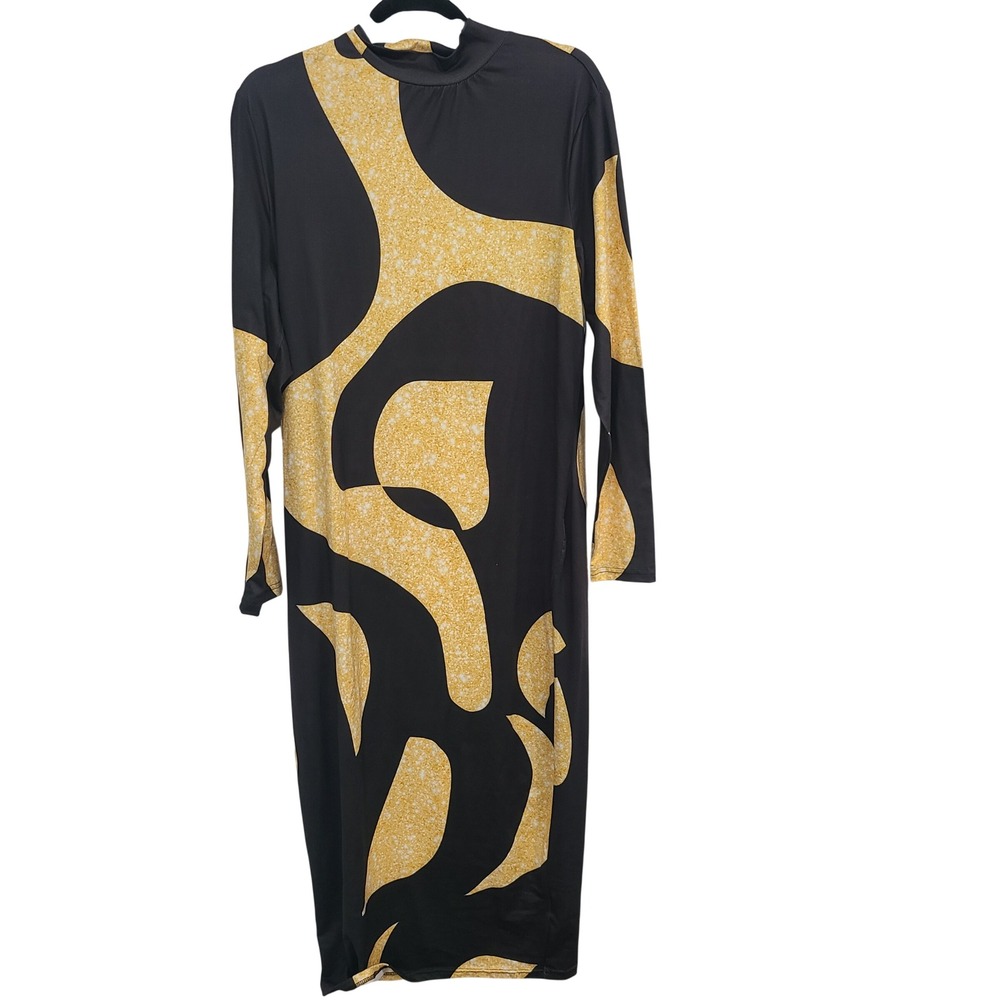 SHEIN Curve Black Yellow Abstract Graphic‎ Mock Neck Long Sleeve Maxi Dress 1XL